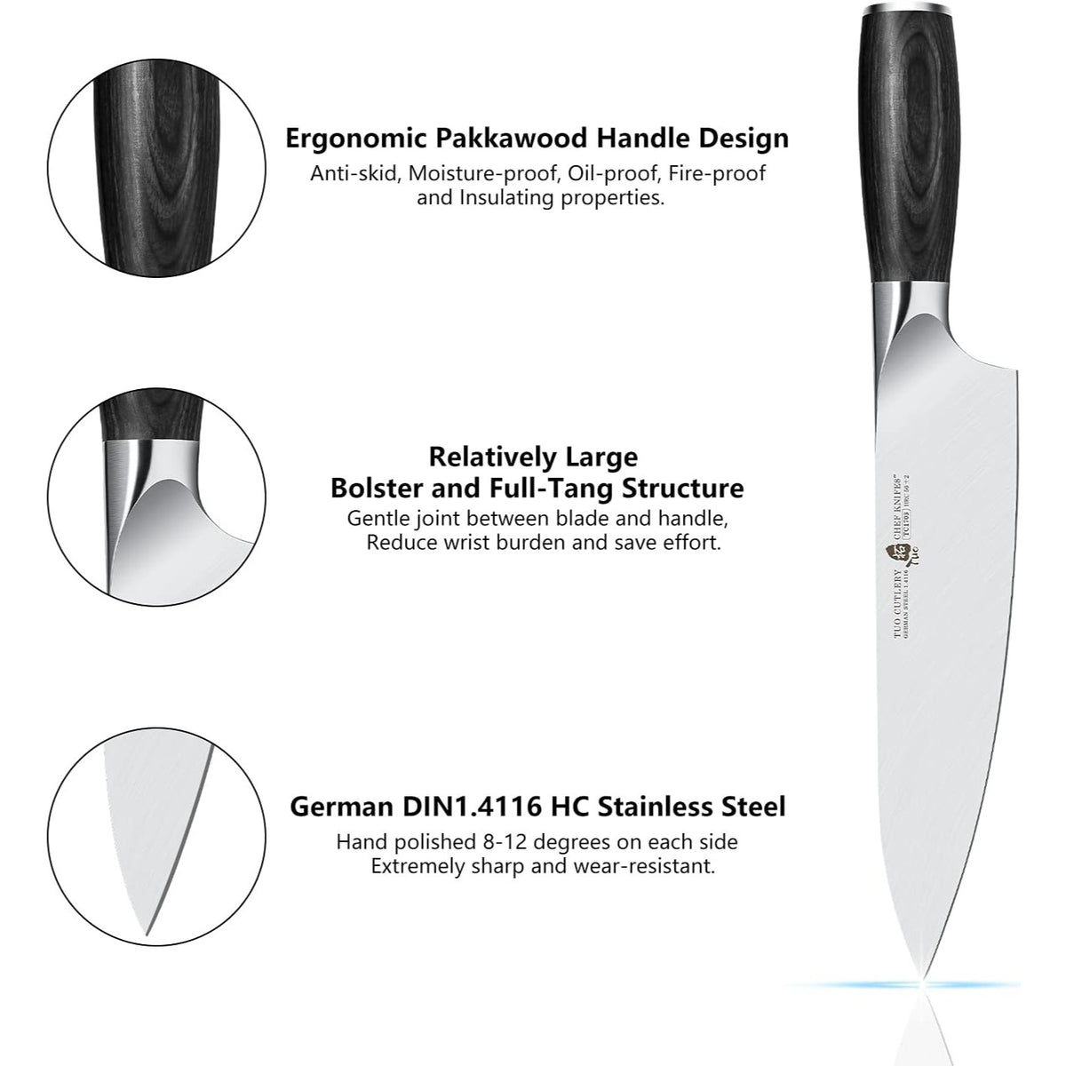 Kitchen Knife 8" TUO Chef Pro Chefs Cooking Knife Japanese Vegetable Cleaver High Carbon German Stainless Steel, Ergonomic Pakkawood Handle