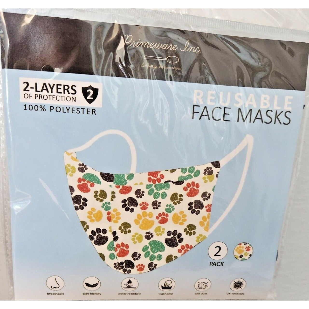Mask Dog Paws Design Adult 2 pack 2 layers 100 % Polyester Washable Primeware