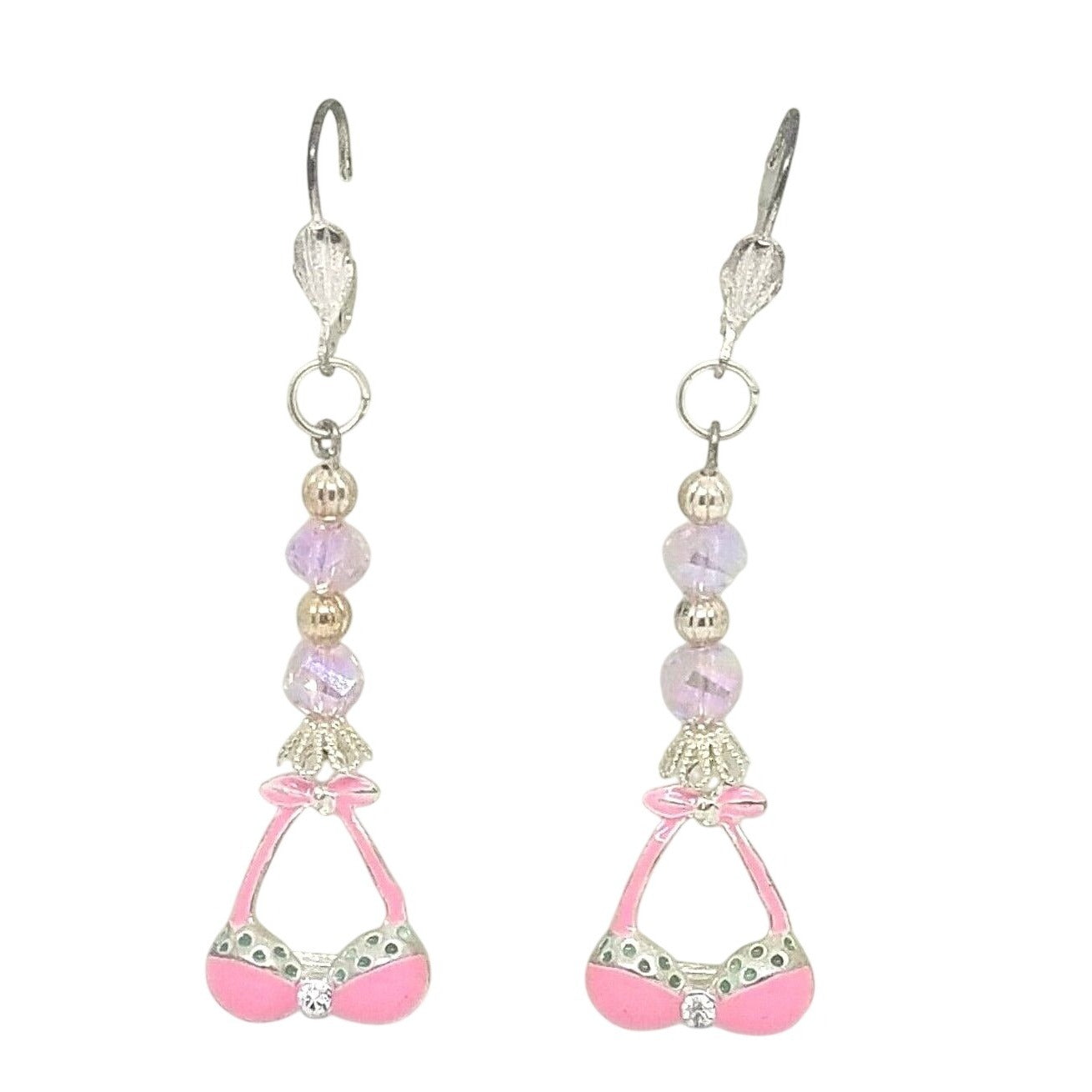 Earring Pink Bra Bikini Top 1/2 " Charm Silver Pink Bead Sterling Hooks
