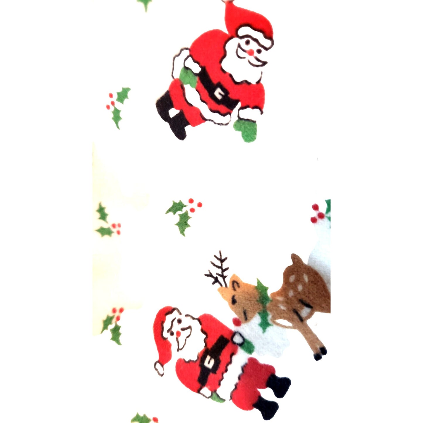 Fabric Santa Claus with Gift Sack Reindeer  Holly White Background 36 x 45 1 yard Cotton Flannel Material