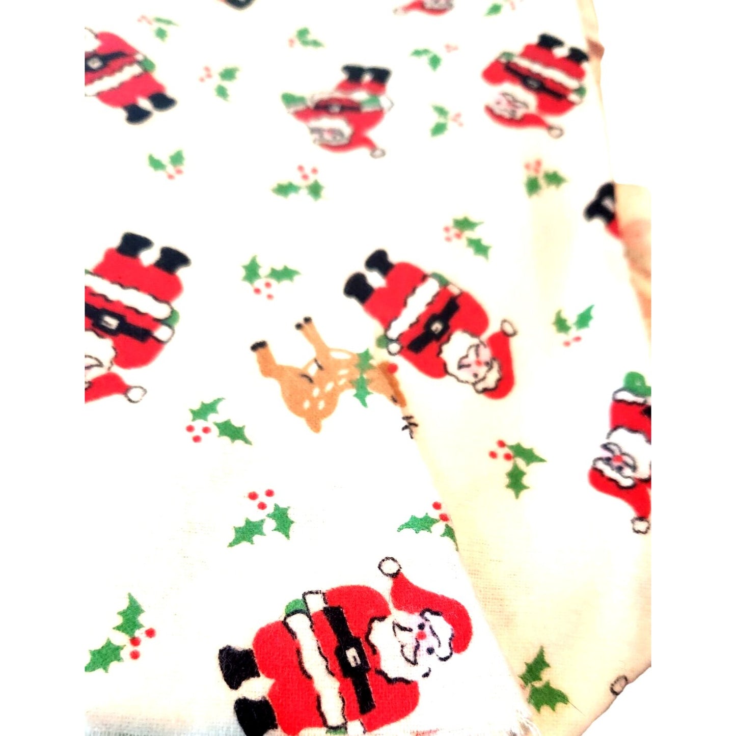 Fabric Santa Claus with Gift Sack Reindeer  Holly White Background 36 x 45 1 yard Cotton Flannel Material