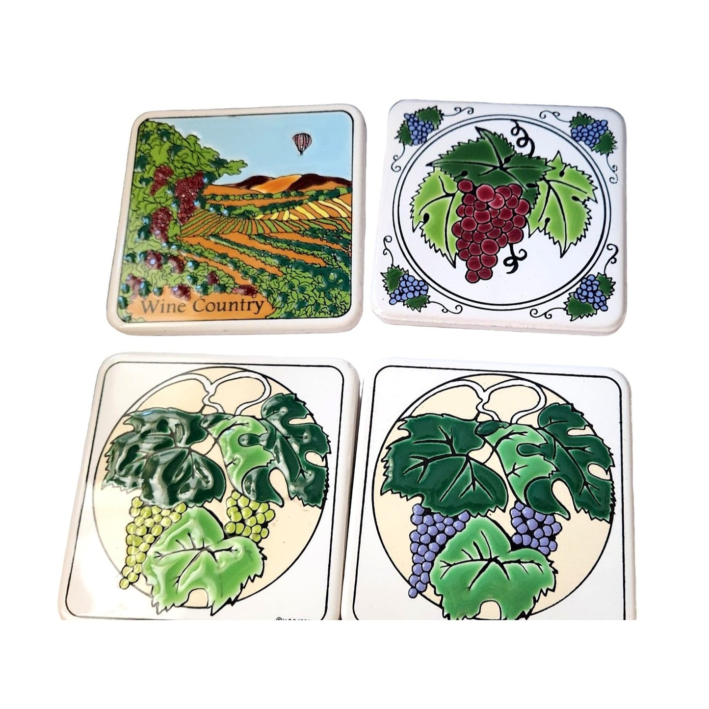 Vintage 1987 Ceramic Coasters Wine country Set of 4 Raised Painted 3 1/2" x 3 1/2"