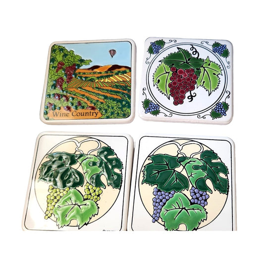 Vintage 1987 Ceramic Coasters Wine country Set of 4 Raised Painted 3 1/2" x 3 1/2"