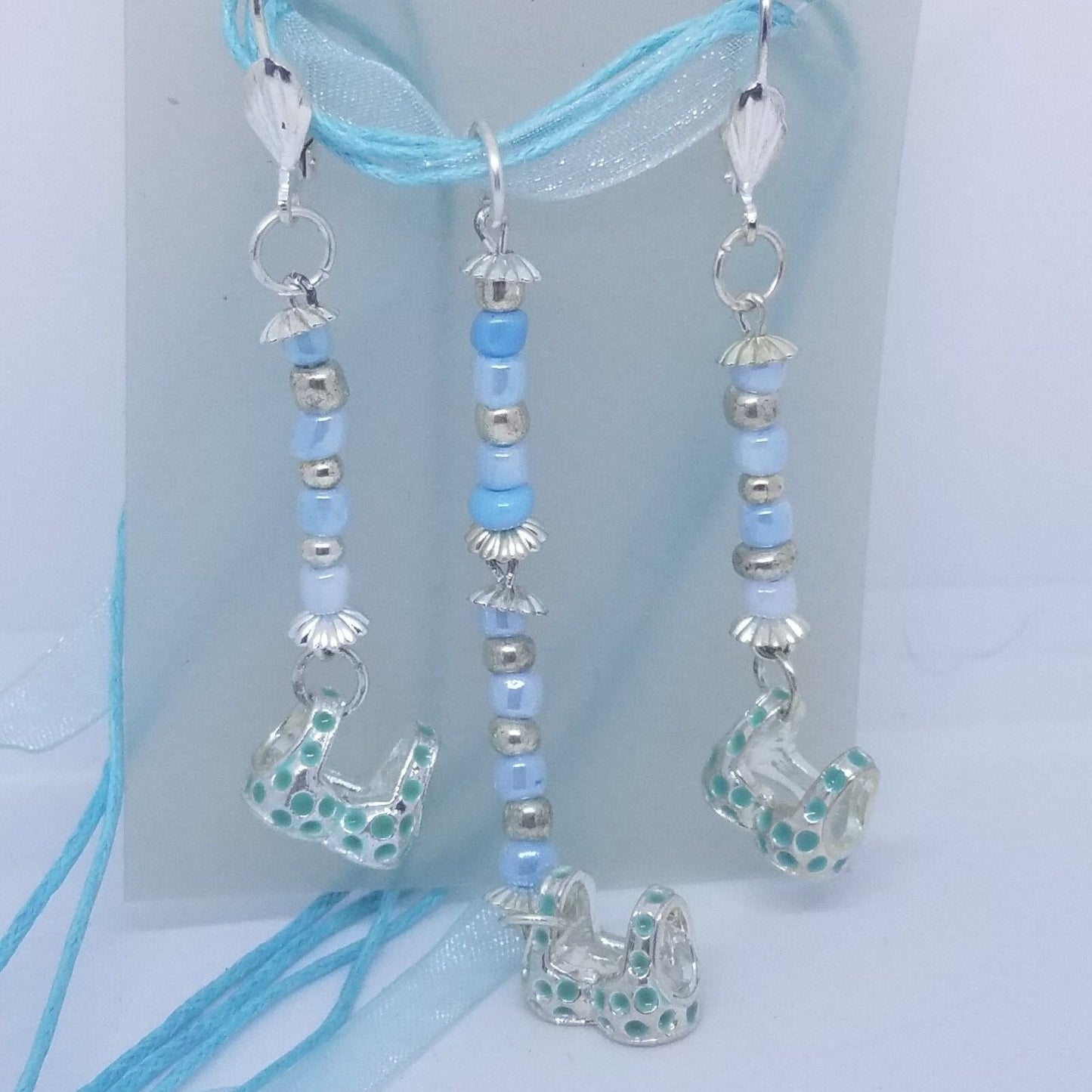 Necklace Earring Blue Bra Top 1/2 " Charm Silver Blue Bead Blue Ribbon Cord