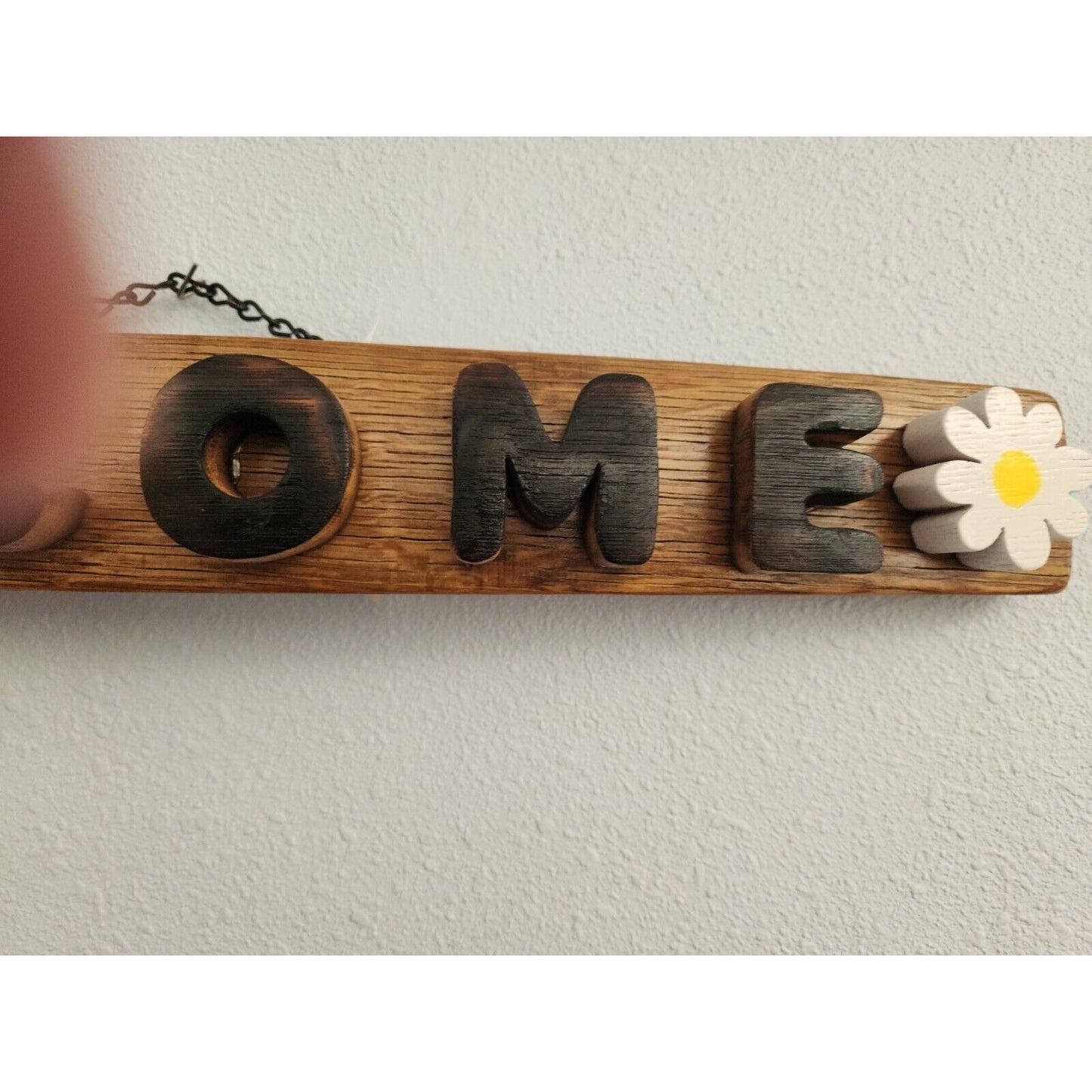 Wood Sign Wine Stave says "Welcome", Flowers on ends Letters Cut from Stave