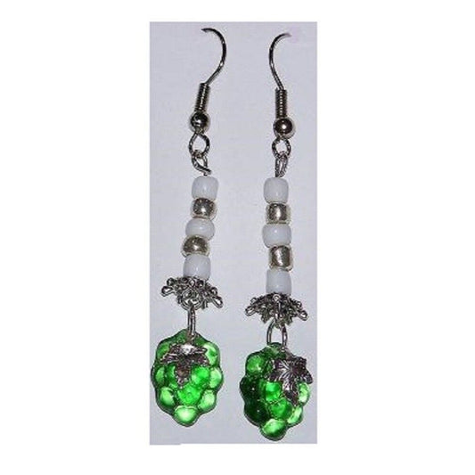 Earrings Small Green Glass Grape Cluster White and Silver Bead Sterling Wire 2"