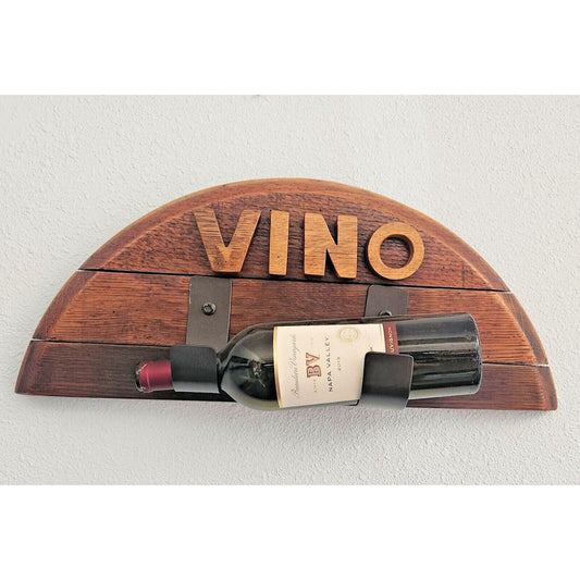 Wine Bottle Holder Says " Vino" Made from Barrel Stave Ring Bottle not included