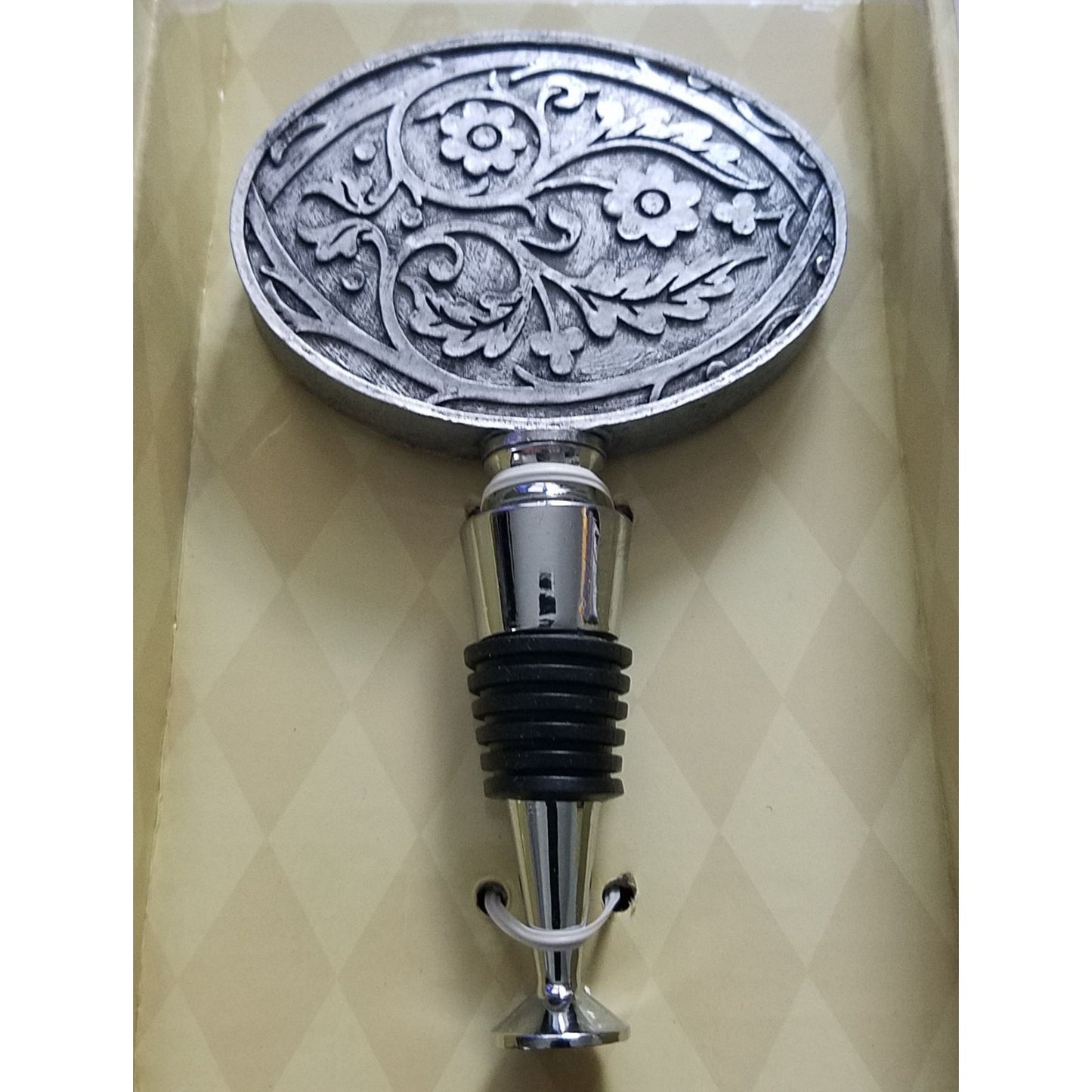 Found Object Wine Bottle Stopper Floral Belt Buckle Oval Resin Metal 5" Tall Top 2 1/2"