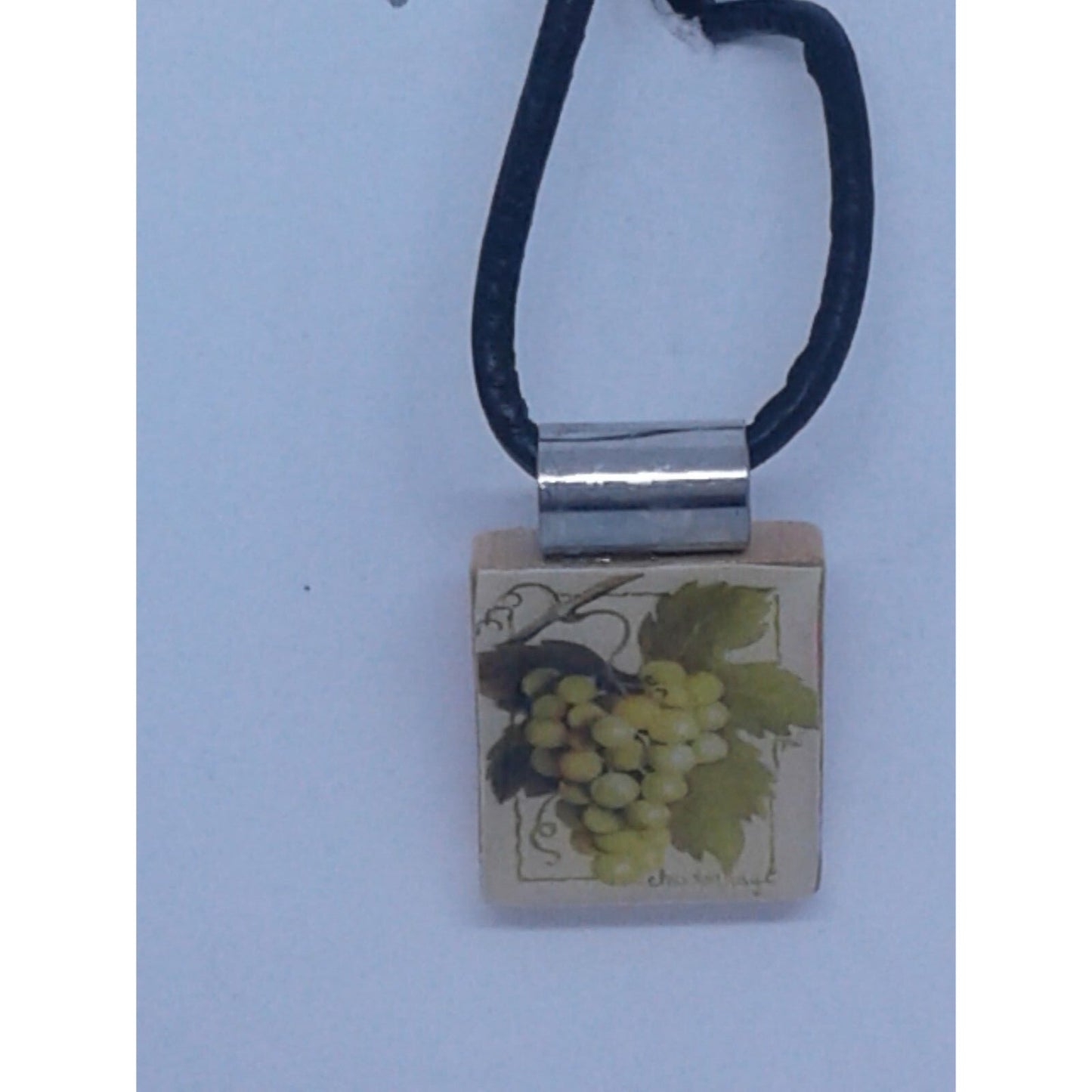 Necklace 1" Green Grape Cluster Wine Printed Scrabble Game Tile Leather Cord