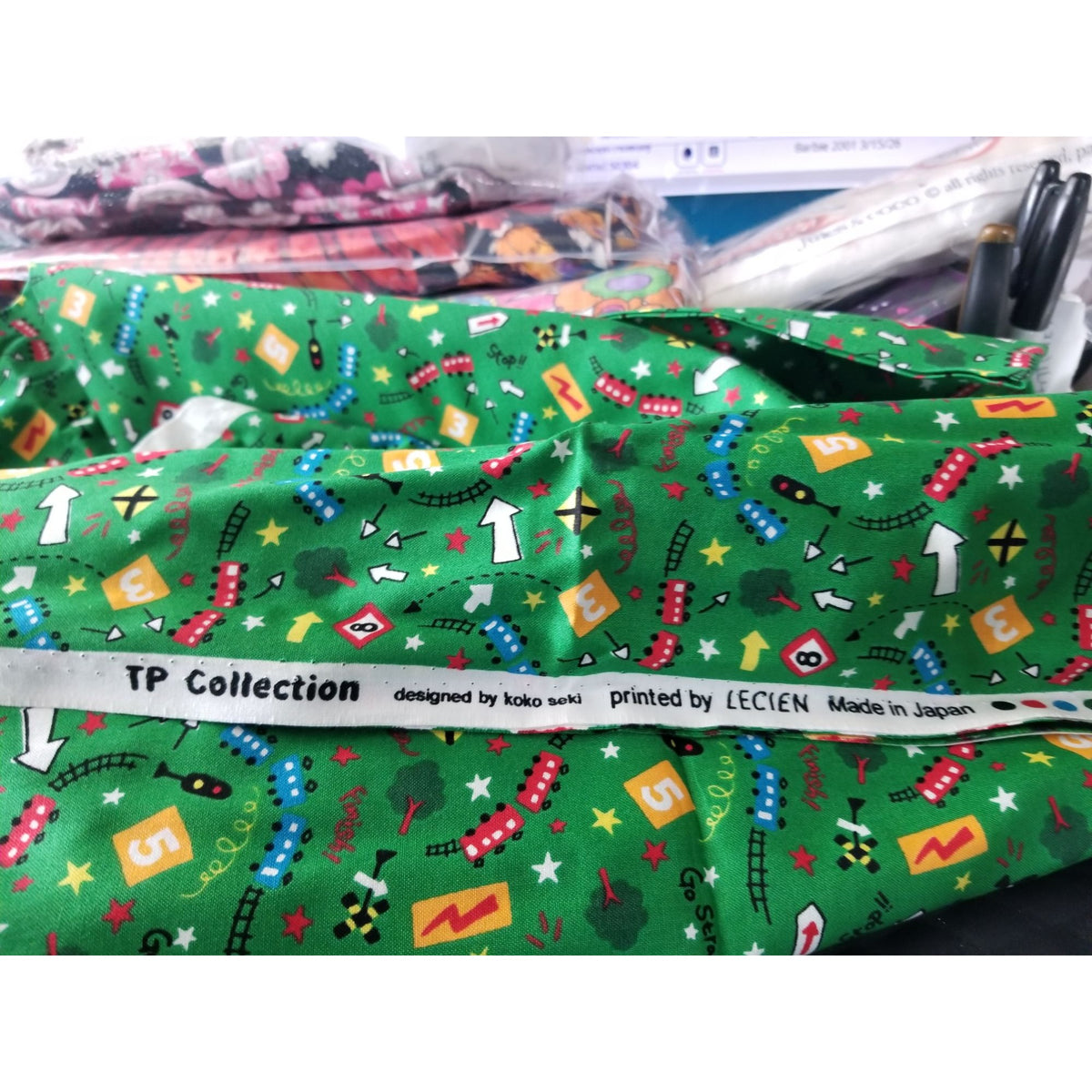 Material Keepsake Cotton Green Fabric  Train Station Trains Lights Signs Trees Tracks  JoAnn 44"  3 yrds