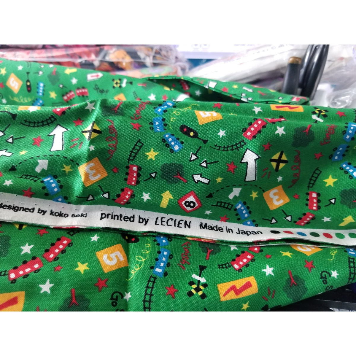 Material Keepsake Cotton Green Fabric  Train Station Trains Lights Signs Trees Tracks  JoAnn 44"  3 yrds