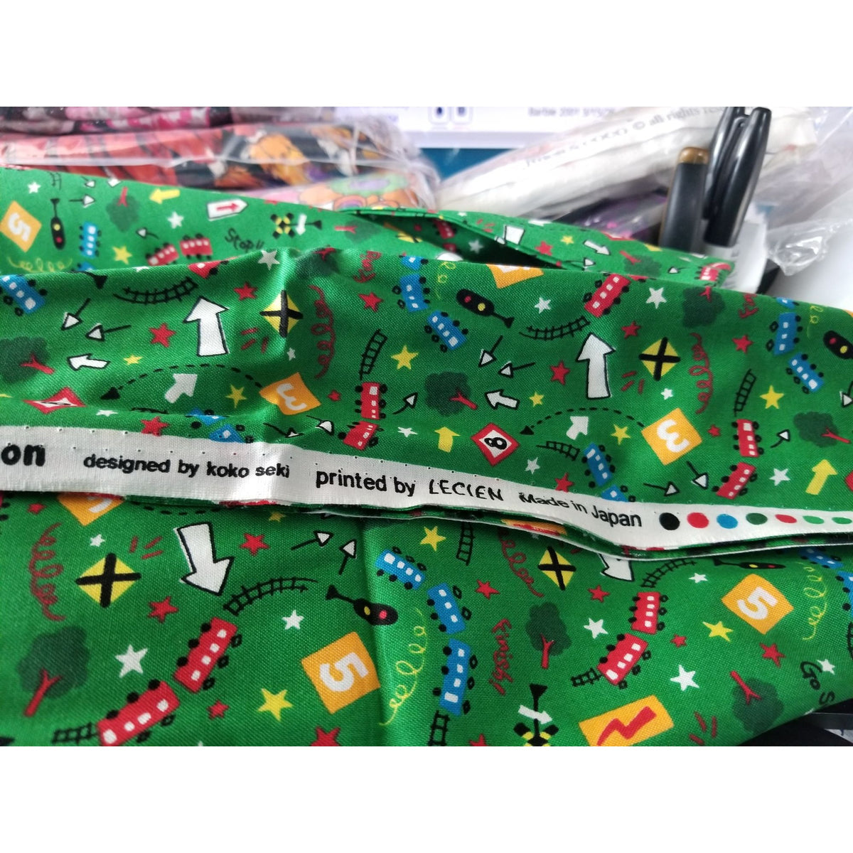 Material Keepsake Cotton Green Fabric  Train Station Trains Lights Signs Trees Tracks  JoAnn 44"  3 yrds