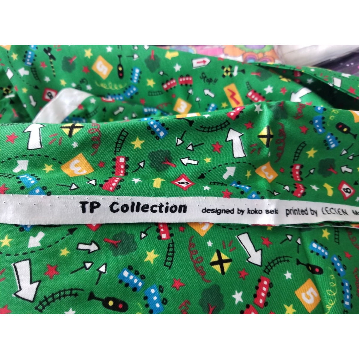 Material Keepsake Cotton Green Fabric  Train Station Trains Lights Signs Trees Tracks  JoAnn 44"  3 yrds