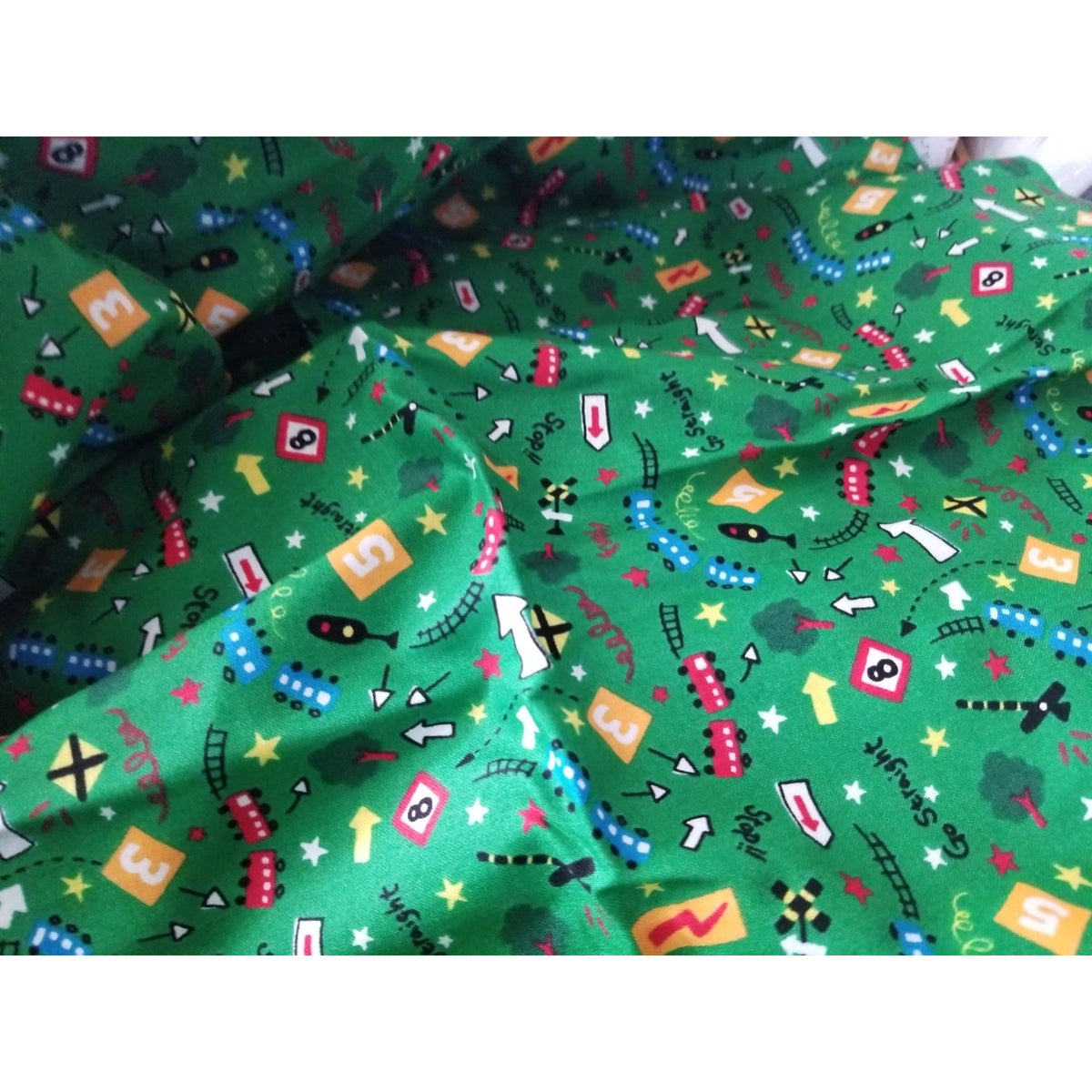 Material Keepsake Cotton Green Fabric  Train Station Trains Lights Signs Trees Tracks  JoAnn 44"  3 yrds