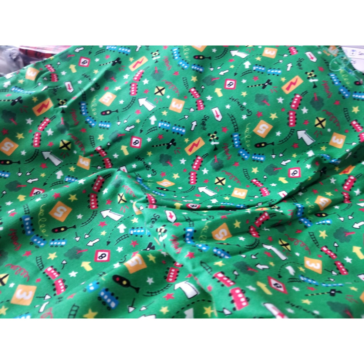 Material Keepsake Cotton Green Fabric  Train Station Trains Lights Signs Trees Tracks  JoAnn 44"  3 yrds
