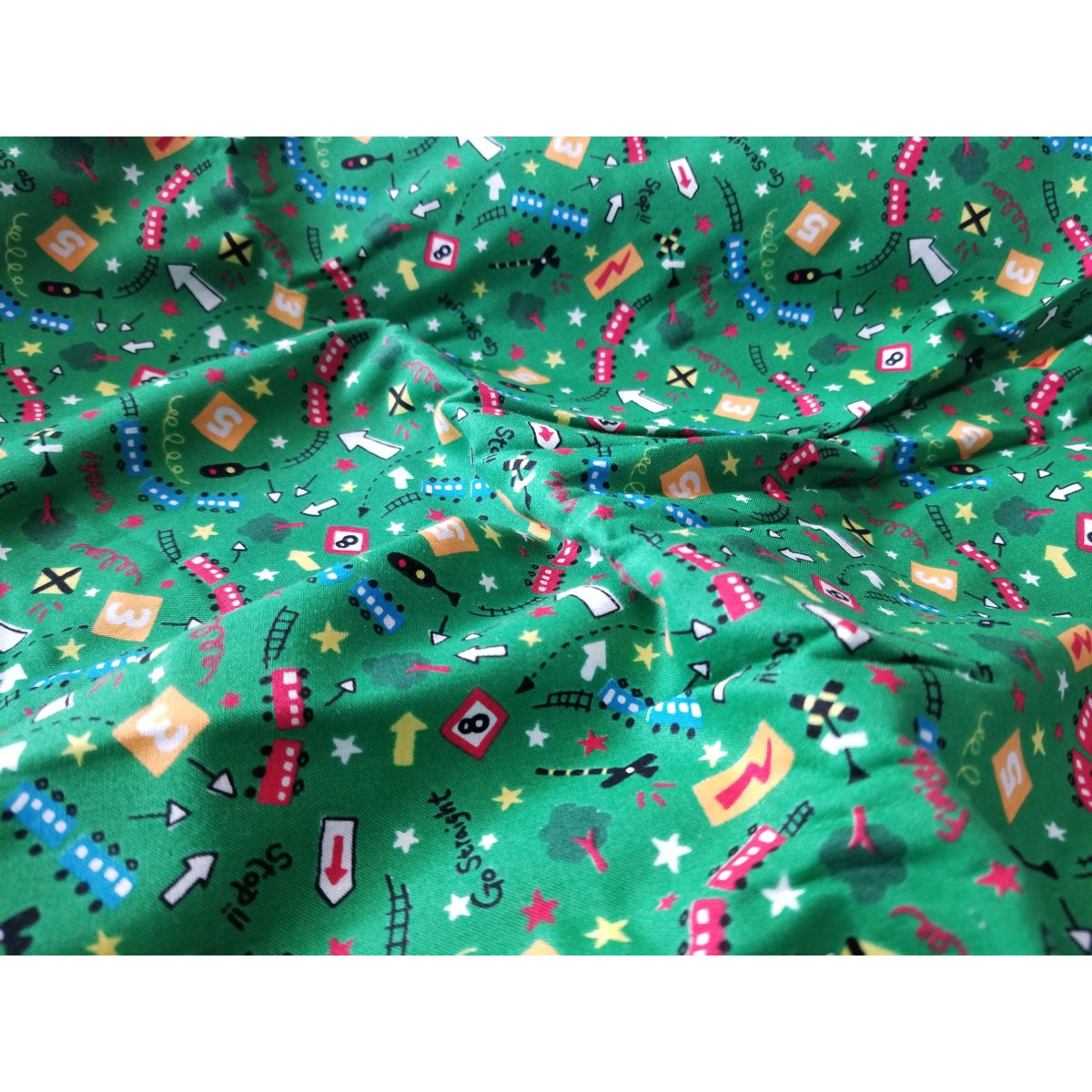 Material Keepsake Cotton Green Fabric  Train Station Trains Lights Signs Trees Tracks  JoAnn 44"  3 yrds