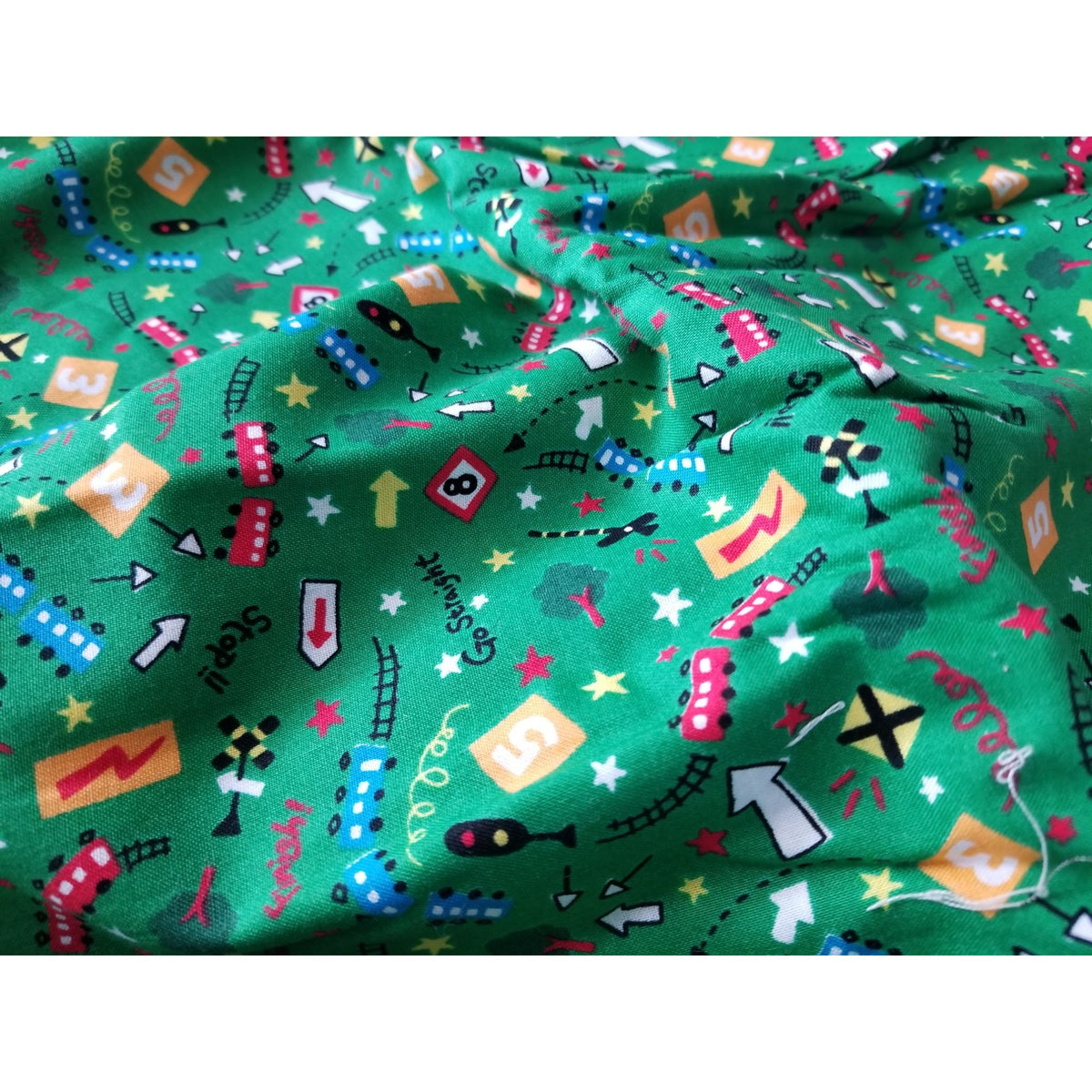 Material Keepsake Cotton Green Fabric  Train Station Trains Lights Signs Trees Tracks  JoAnn 44"  3 yrds