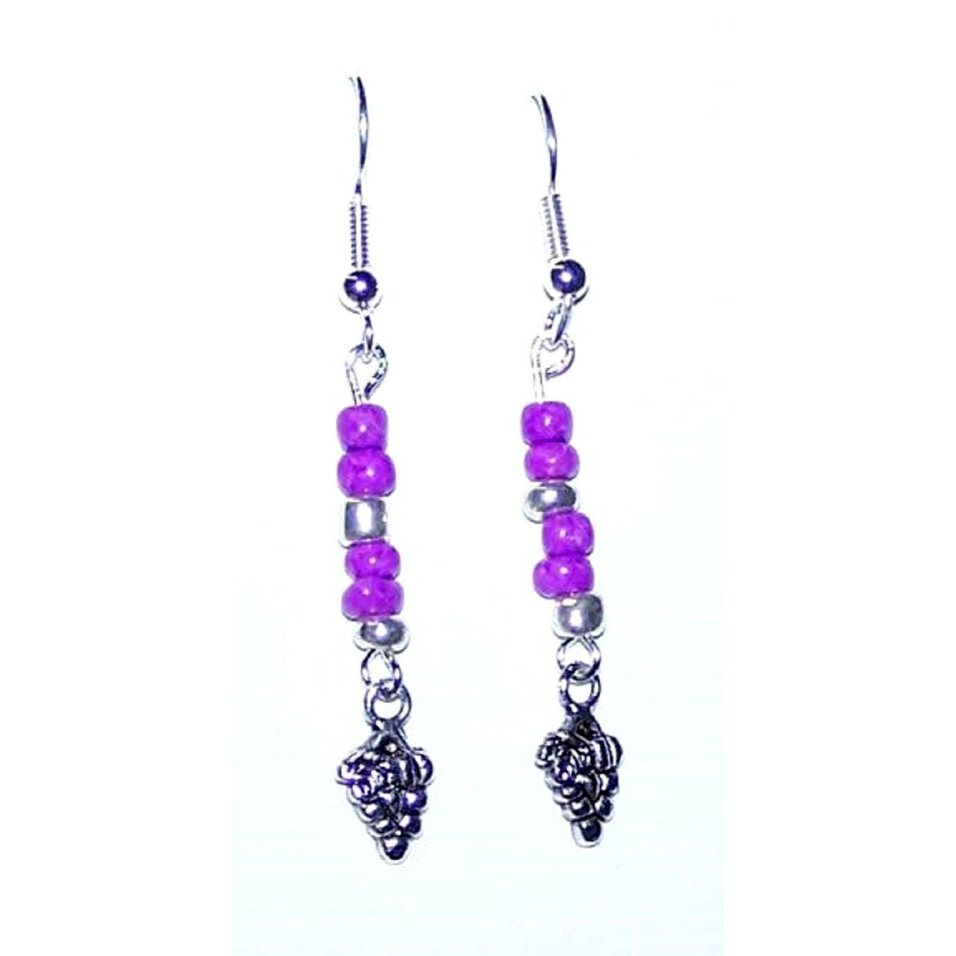 Earrings Small Grape Cluster Wine Charm Sterling Wire Dk Pink & Silver Beads 2"