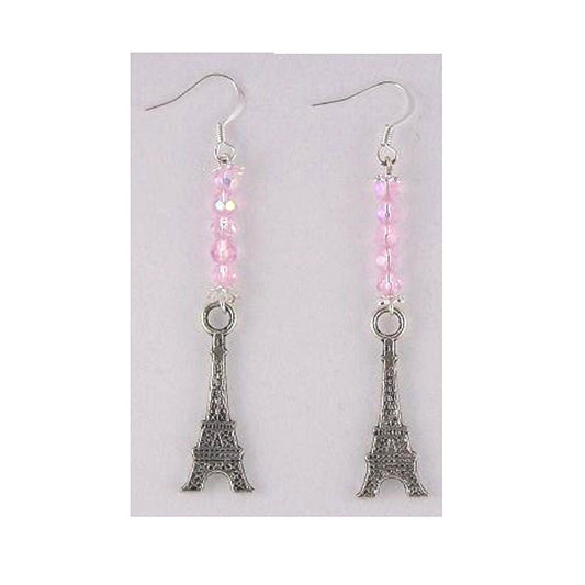 Earrings Eiffel Tower Charms Pink Opalecent Beads Sterling Hooks 2" Long