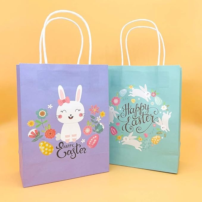 20 Pieces Happy Easter Day Treat Bags with Handles Large Goodie Gift Bags Recycled Cardboard Bags for Kids School Classroom Party Favor Supp