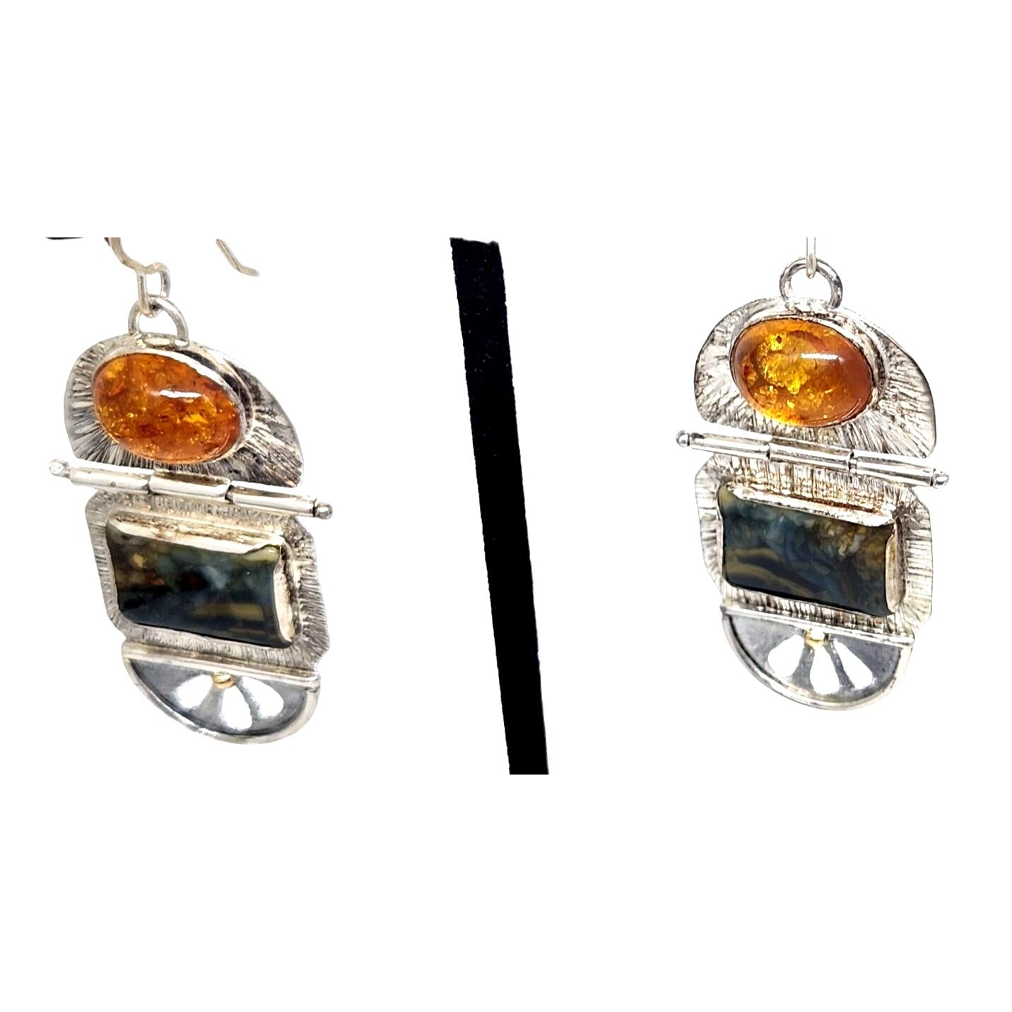 Earrings Baltic Amber Moissanite Jasper 925 Silver 14K Gold 10.8 Gr Silver Hooks