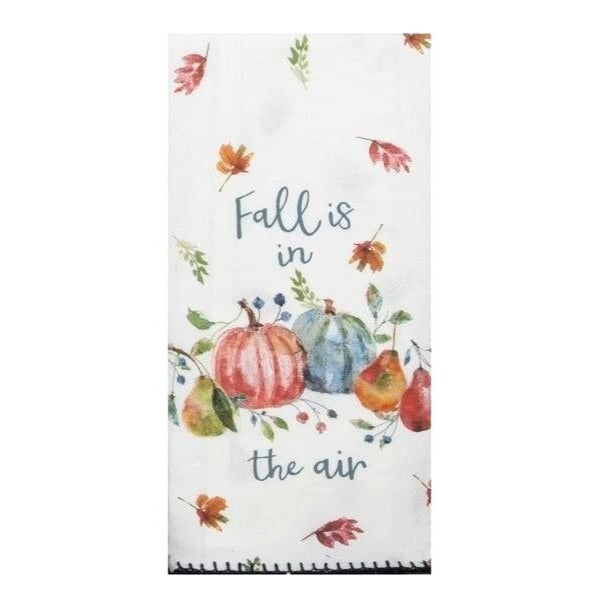 Kitchen Towel says Fall is in the Air White Leaves Pumpkins Time to Share 18 x 28 100 % Cotton Krinkle Flour Sack Towel