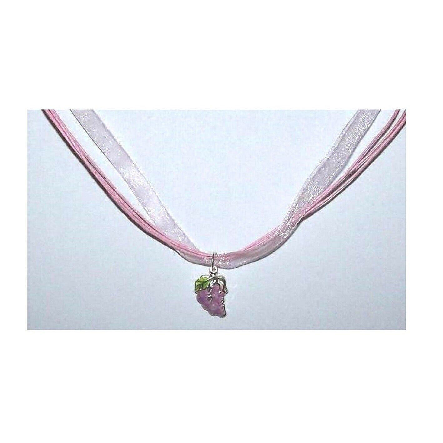 Necklace 1" Painted Grape Cluster Charm Pink Ribbon Cord