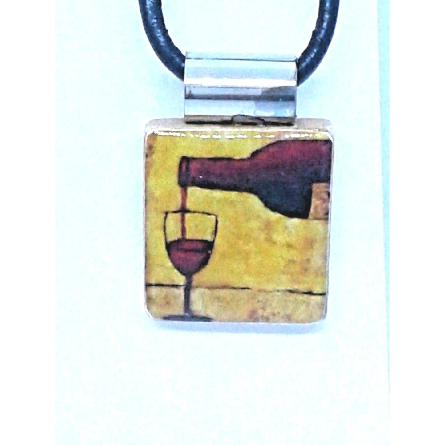 Necklace 1" Wine Bottle Glass Printed Scrabble Game Tile Leather Cord