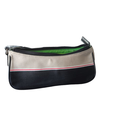 Purse Bag Black Grey Red  Zip Top Inside Zip Pocket  10 " x 4" x 4 1/2"  20" Handle Green Lining