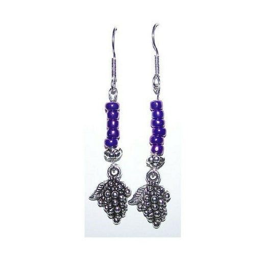 Earrings Metal Grape Cluster Charm Metallic Purple Silver Bead Sterling Wire