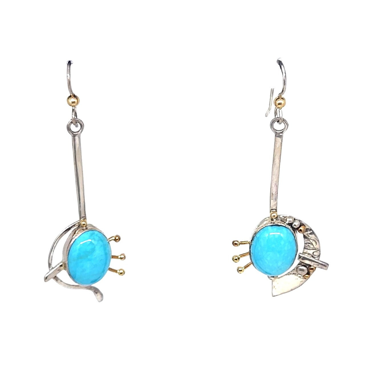 Sleeping Beauty Turquoise Earrings 10 Gr Silver Hooks Dangle Long 14K Gold Accents