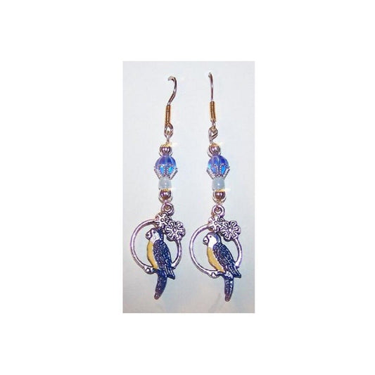 Earrings Blue Parrot Charm Flowers Blue Silver Bead Caps  2" long Sterling Hook