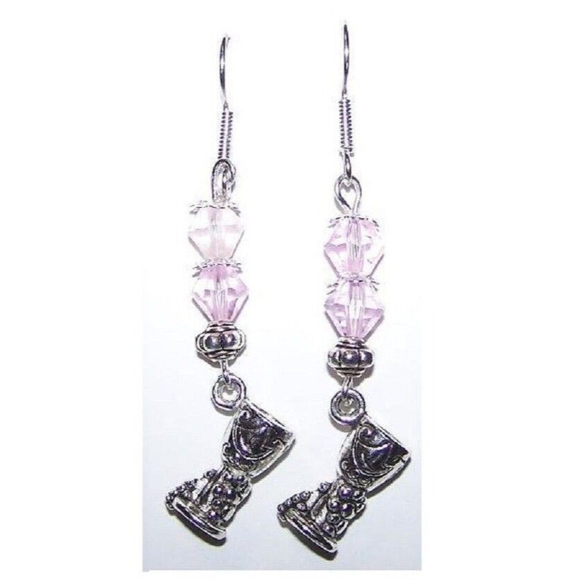 Earrings Metal Wine Glass Charm Lt Pink Silver Beads Sterling Wire 1 1/2" Long