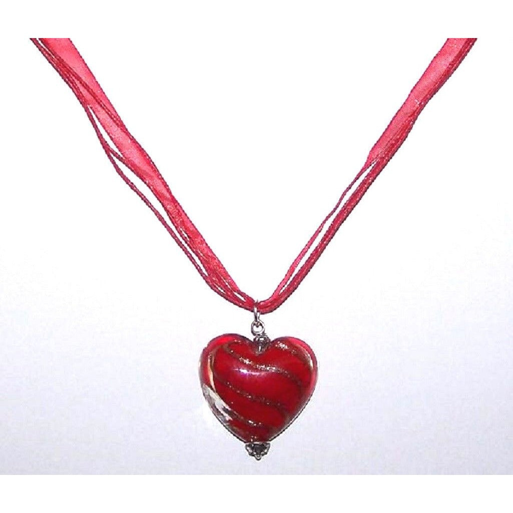 Necklace Big Red Heart 1 1/2" Gold Swirls Red Organza Ribbon Cord