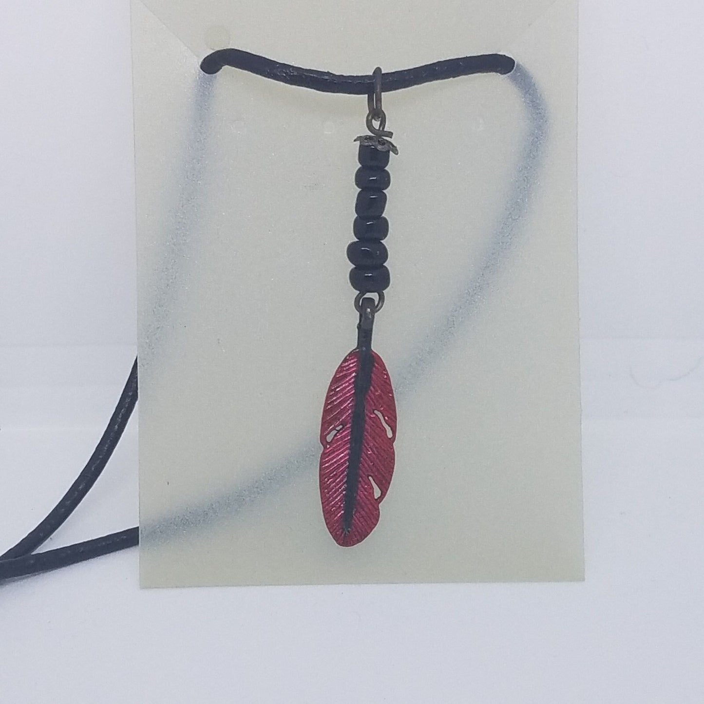 Necklace 1" Painted Red Feather Charm Black  Beads Black Leather Cord