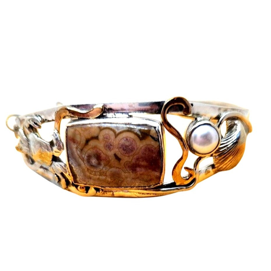 Bracelet Ocean Jasper Pearl Sterling Silver 14K Gold Accents Crab, Sea Shell ,