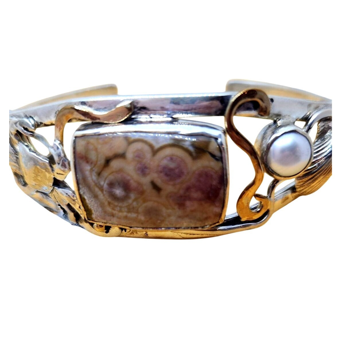 Bracelet Ocean Jasper Pearl Sterling Silver 14K Gold Accents Crab, Sea Shell ,