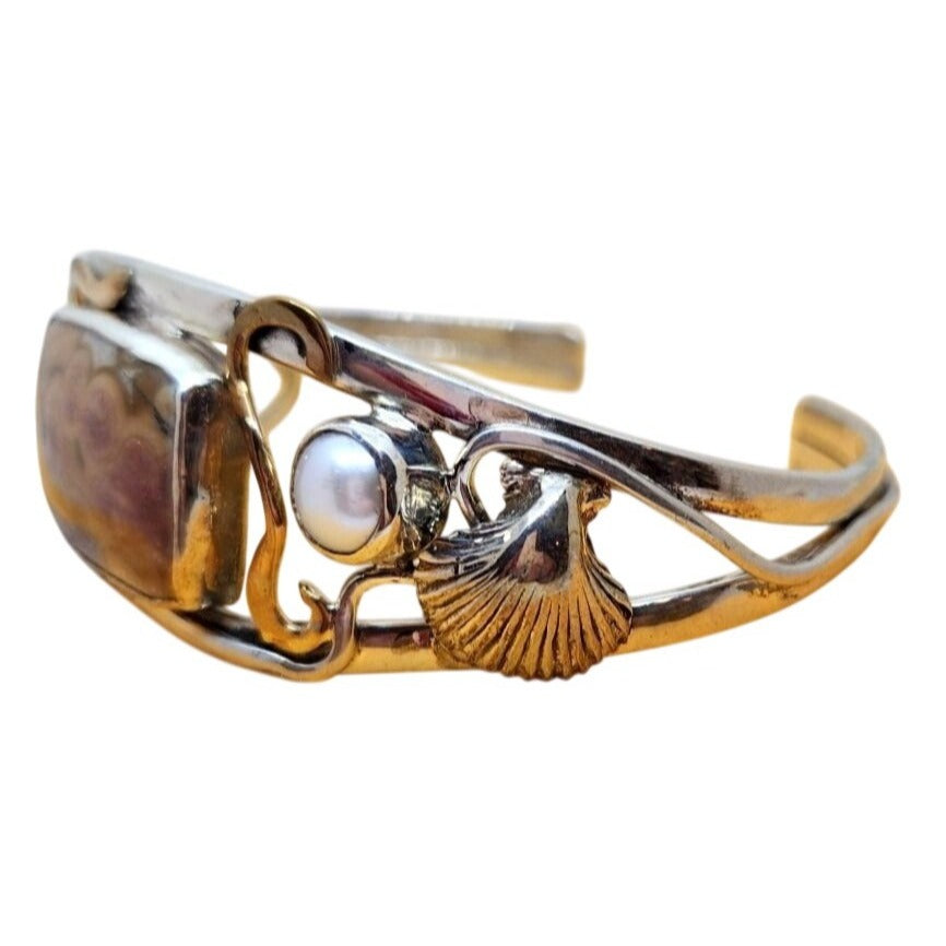 Bracelet Ocean Jasper Pearl Sterling Silver 14K Gold Accents Crab, Sea Shell ,