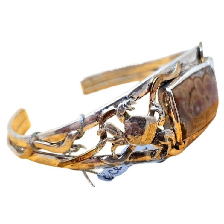 Bracelet Ocean Jasper Pearl Sterling Silver 14K Gold Accents Crab, Sea Shell ,