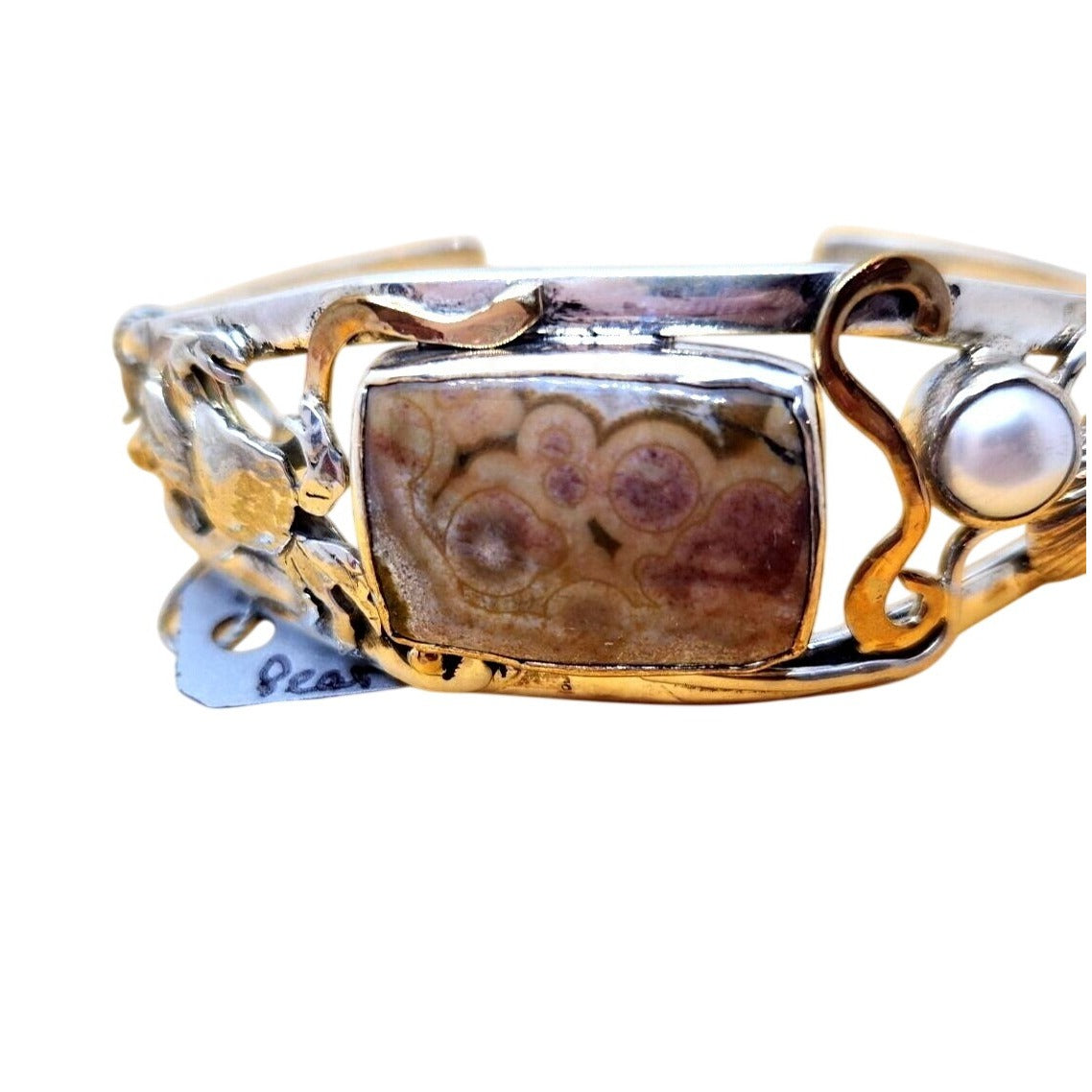 Bracelet Ocean Jasper Pearl Sterling Silver 14K Gold Accents Crab, Sea Shell ,