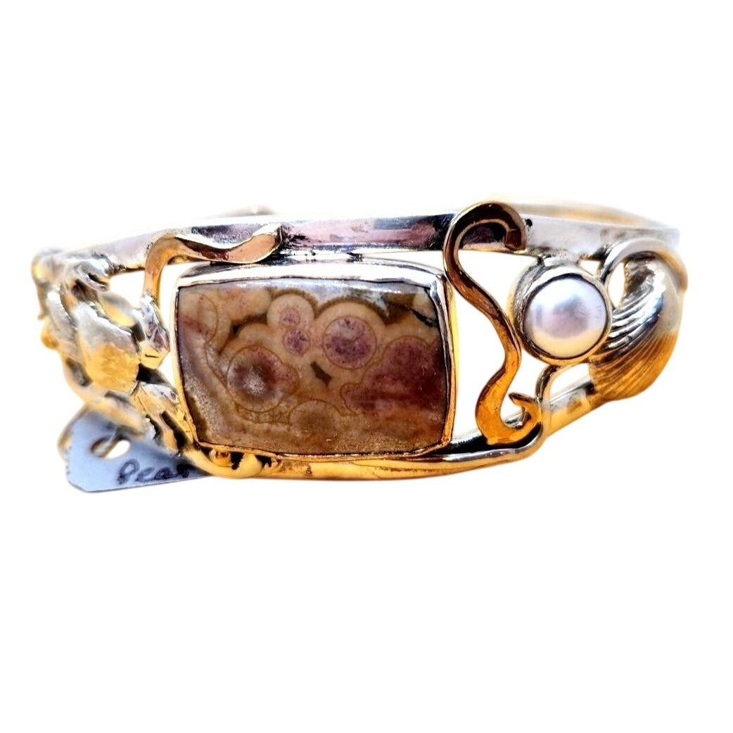 Bracelet Ocean Jasper Pearl Sterling Silver 14K Gold Accents Crab, Sea Shell ,