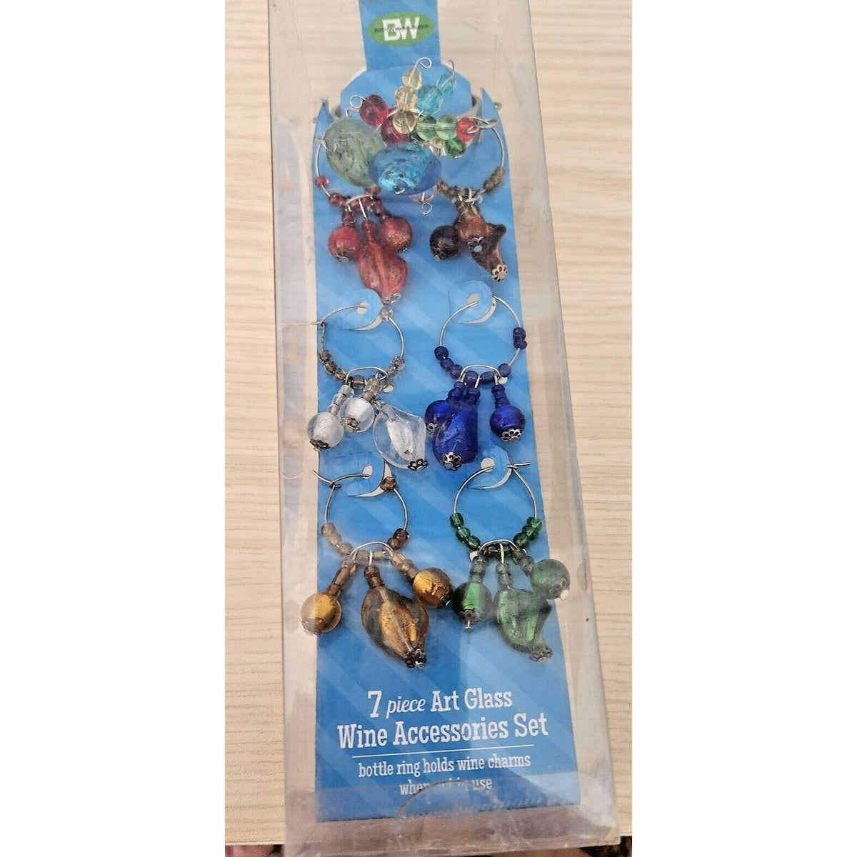 Wine Charms Boston Warehouse 7 Piece Art Glass 1 Wine Ring and 6 Beaded  Drops