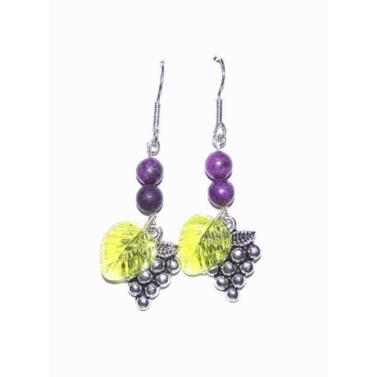 Earrings Metal Grape Cluster Charm Green Leaf Purple Bead Sterling Wire 1 1/2"