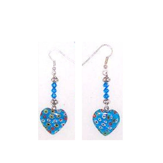 Earrings Blue Heart Flowers White Red Yellow Blue Beads 2 " long Sterling Hook