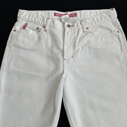 Women's White vintage GUESS denim high waisted 27  Stripe decor on back pockets made in USA Straight Leg