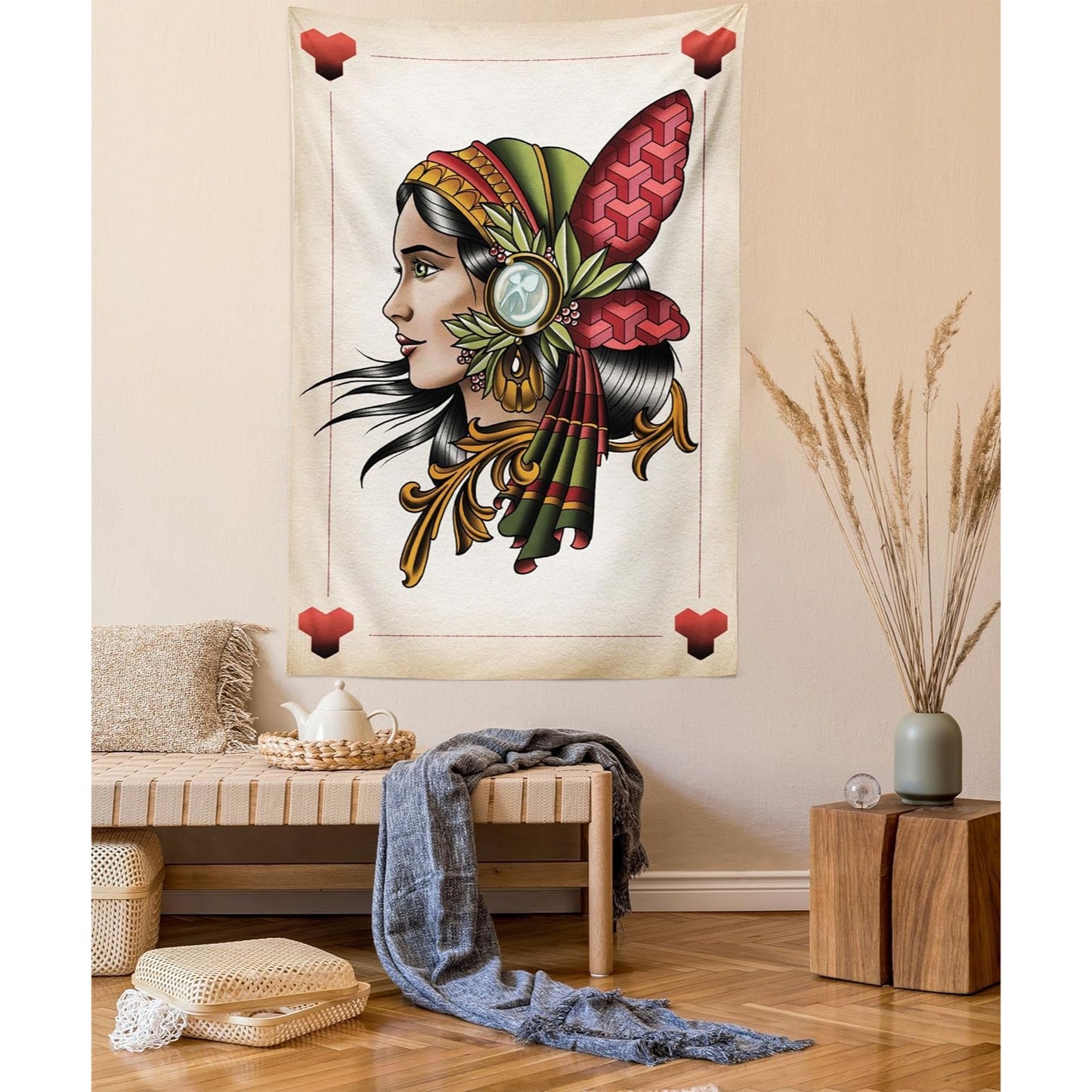 Ambesonne Trippy Art Tapestry, Deck Card Games Female Lady with Feather on Head Boho Graphic, Wall Hanging for Bedroom Living Room Dorm Deco