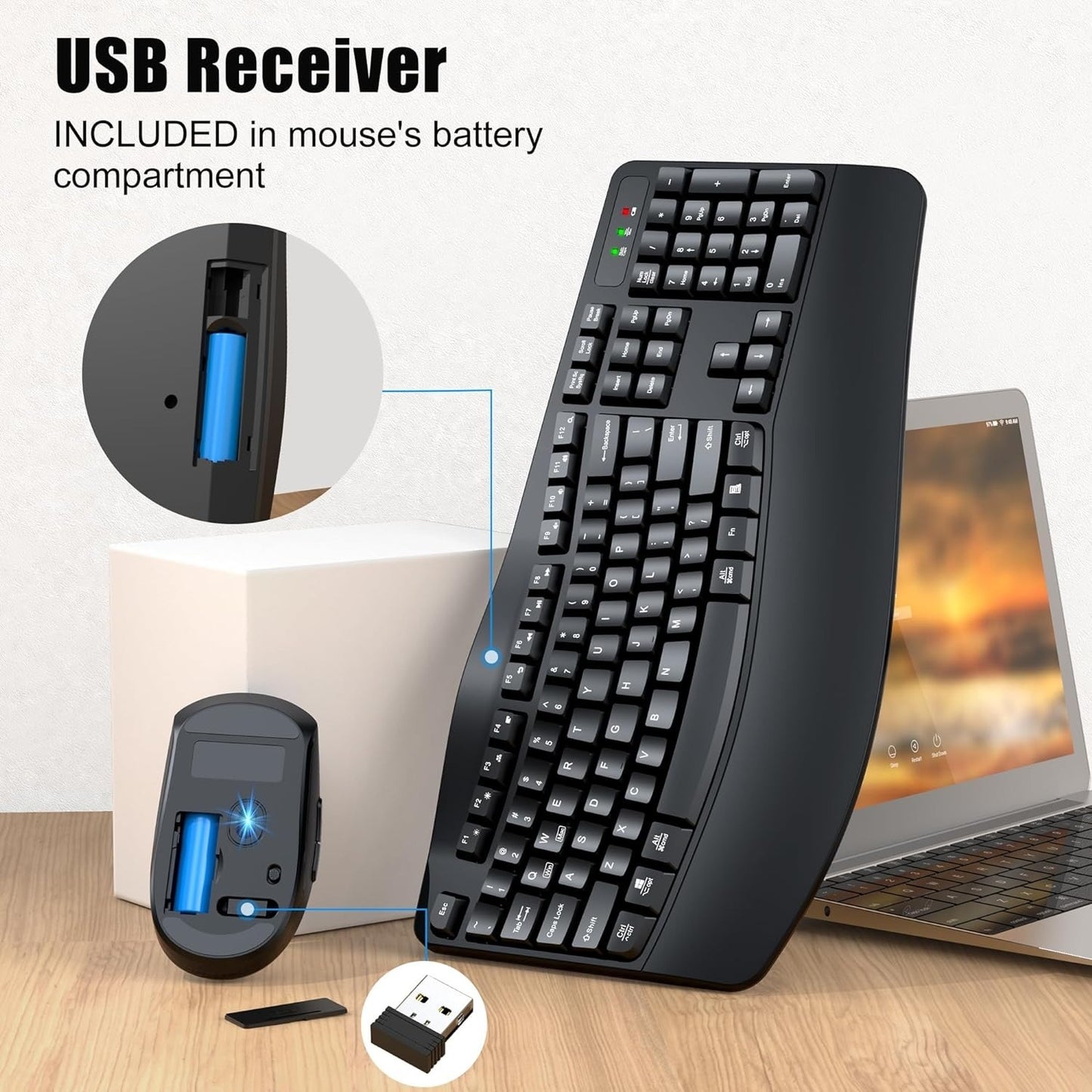 Wireless Keyboard and Mouse, Wireless Ergonomic Keyboard Wrist Rest 3 Level DPI Adjustable Wireless Mouse for Windows/MacO