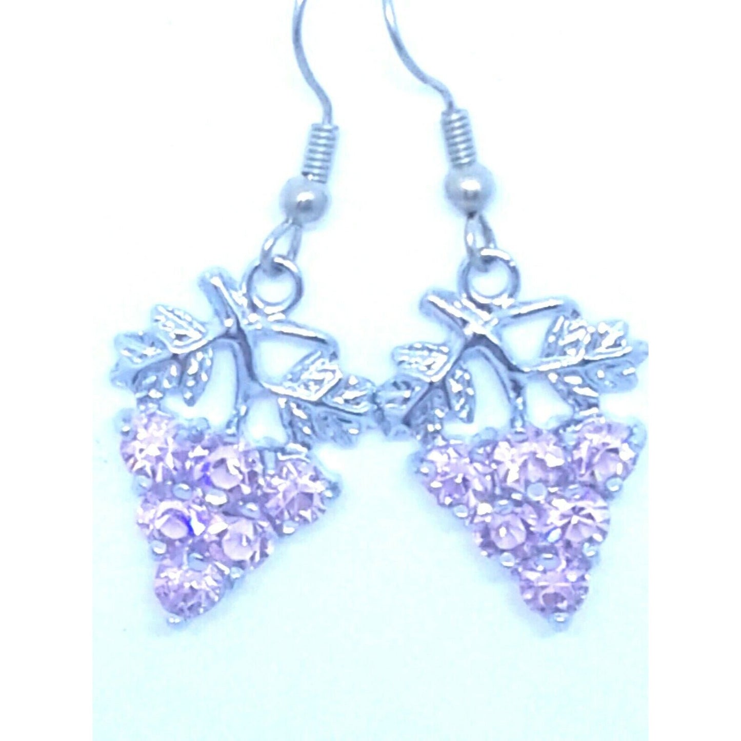 Earrings Pink Crystal Grape Cluster Leaves Vines 1" Long Sterling Wires