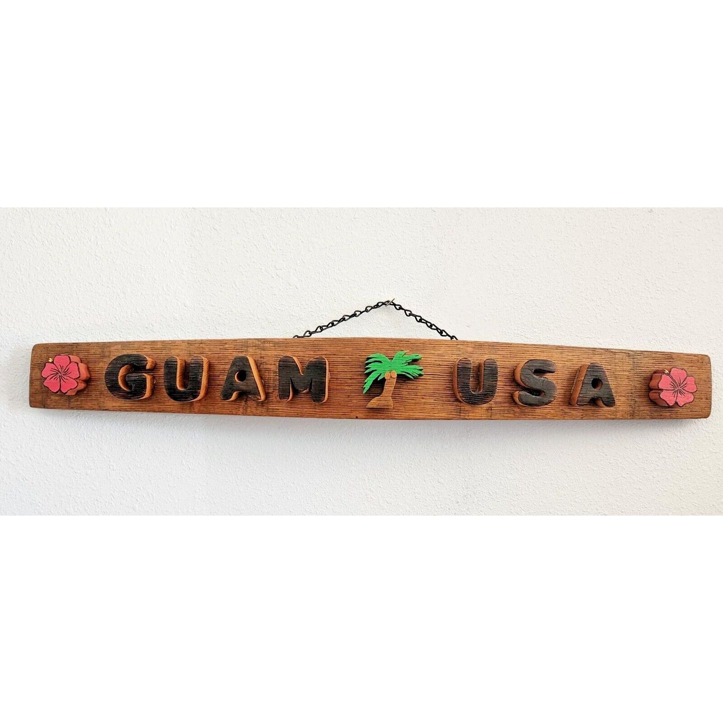 Wood Sign Wine Stave says "Guam USA"    Flowers Palm Tree Letters Cut Stave