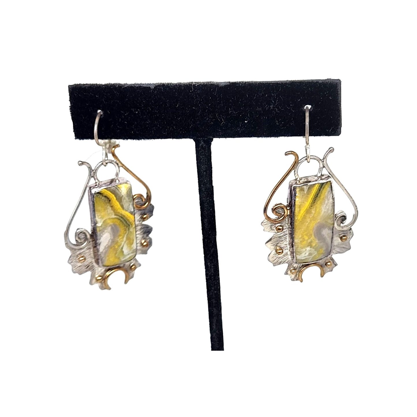 Earrings Bumble Bee Jasper 925 Silver 14K Gold 25mm x 10mm Silver Frame 40mm x 25mm Filigree Accents Top Hoop 20mm x 25